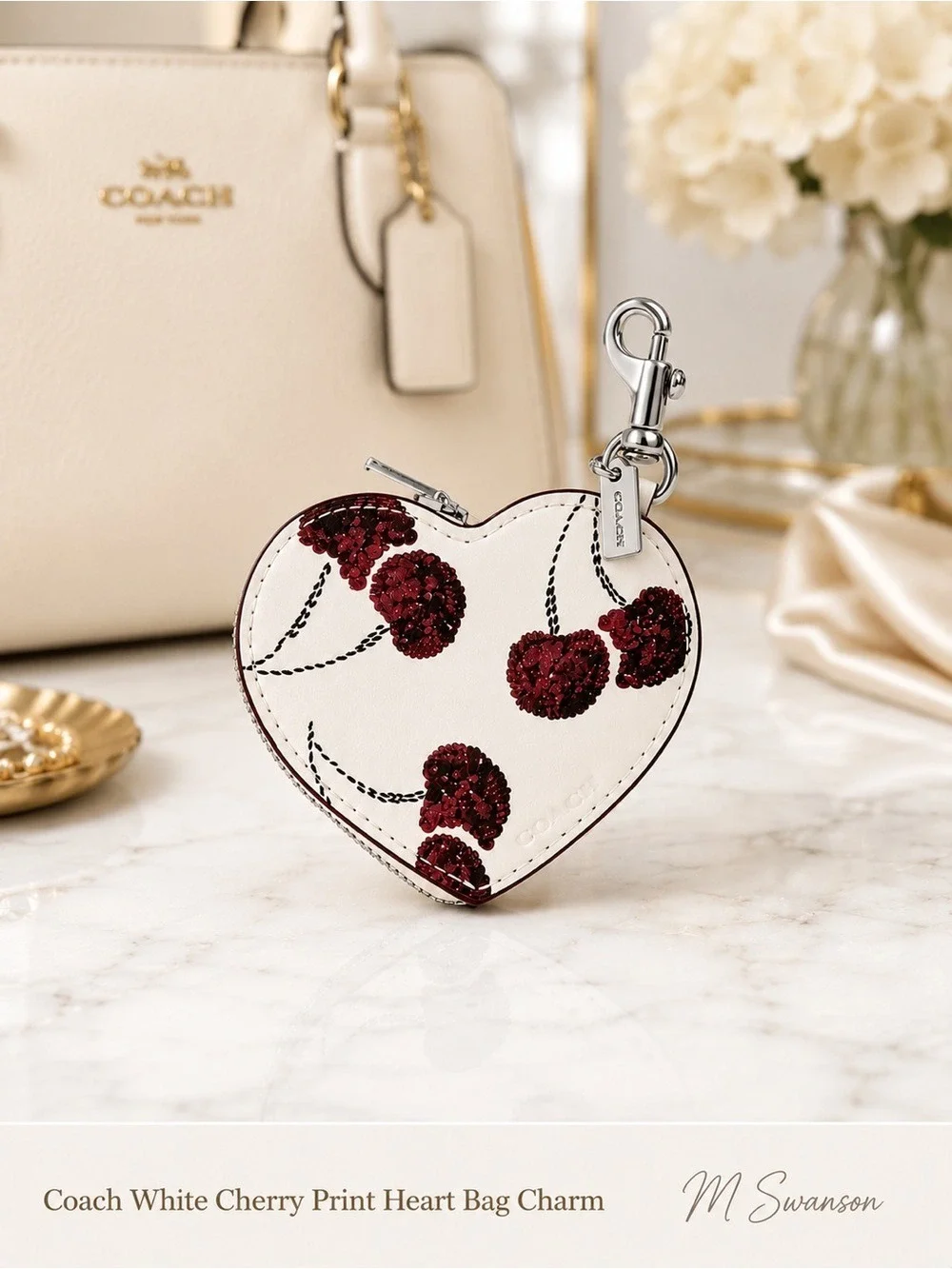 NEW Coach White Cherry Print Heart Bag Charm Coin Case CDB55 with dust bag NWT